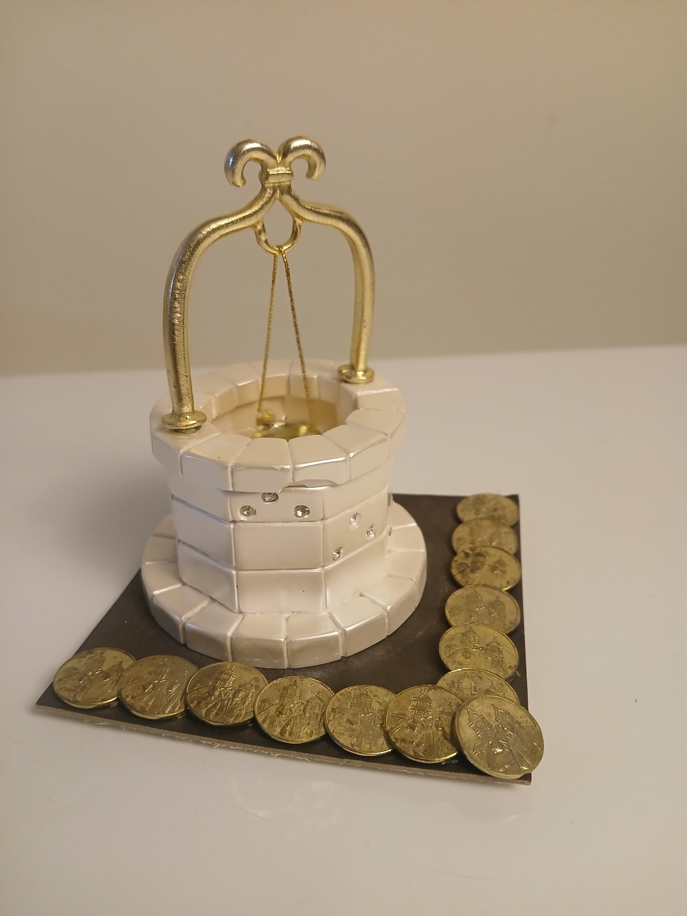 White Ceramic Wishing Well Accent with Gold Details